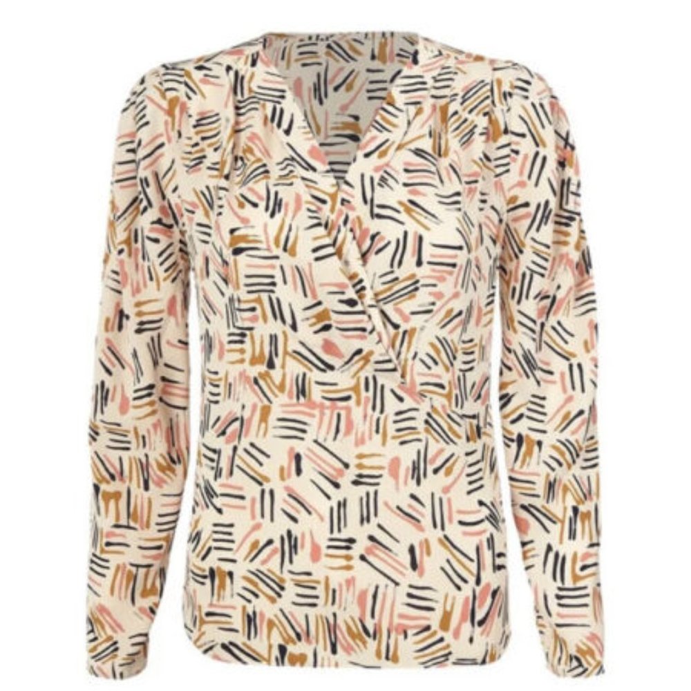 Cabi Marni Blouse Top 4162 V-Neck Chiffon Boho Career Beige Abstract Medium NWT